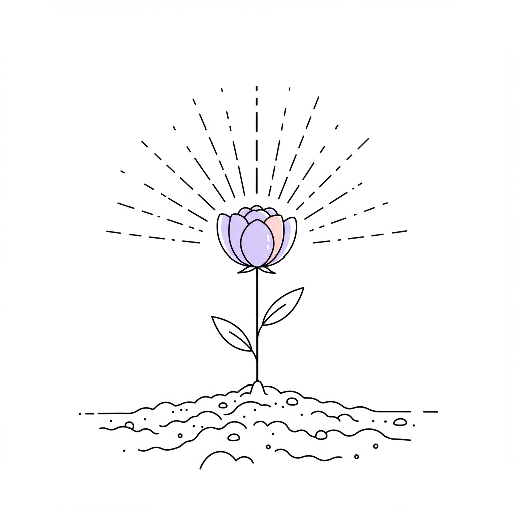 Chic line art: Blooming flower symbolizing a business launch; black and white, pastel purple pistil | Femmeprenista