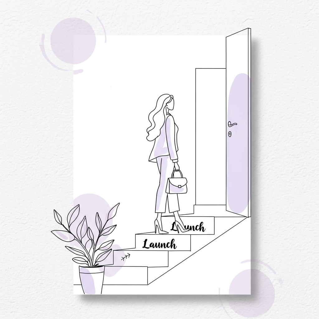 Chic line art: Stylish woman ascending a staircase labeled "Launch," handbag accented in pastel purple | Femmeprenista