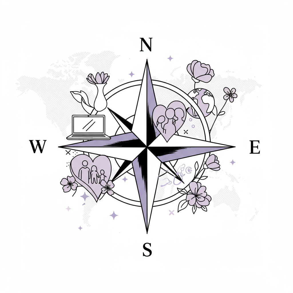 Chic line art: Compass rose symbolizes global business for mums; pastel purple heart highlights family | Femmeprenista