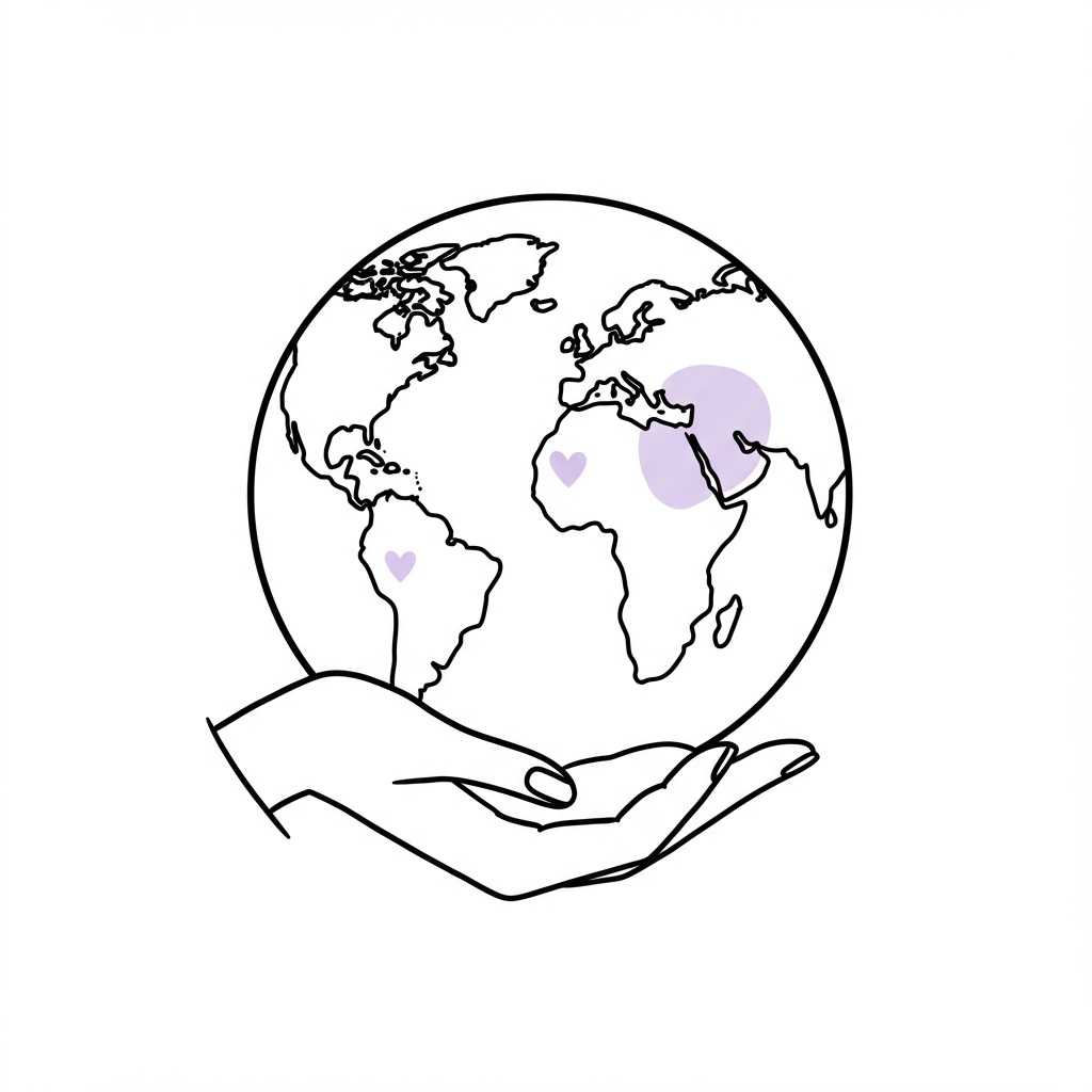 Chic black and white line art: Stylized globe nurtured by a woman's hands, pastel purple heart accents global business for mums | Femmeprenista