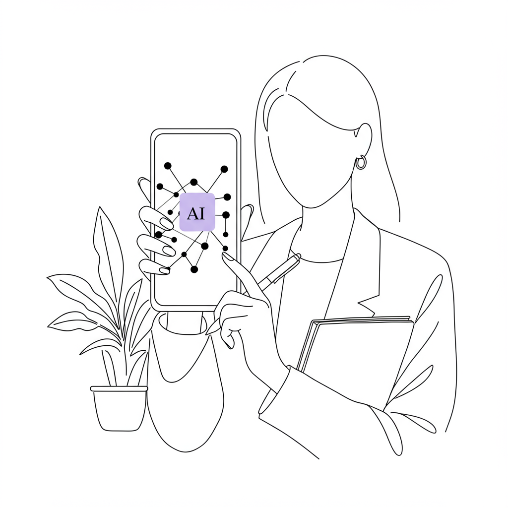 AI Branding for Femmeprenistas: Grow Your Brand Authentically 2 Chic line art: Femmeprenista holding phone with AI network, pen, and notebook; purple accent on phone node | Femmeprenista