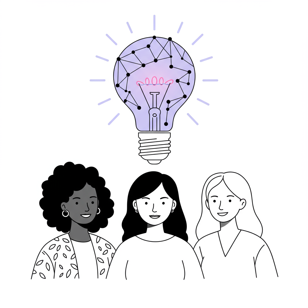 AI Branding for Femmeprenistas: Grow Your Brand Authentically 3 Chic line art: Diverse Femmeprenistas with AI innovation 'blossoming' above; pastel purple accent | Femmeprenista