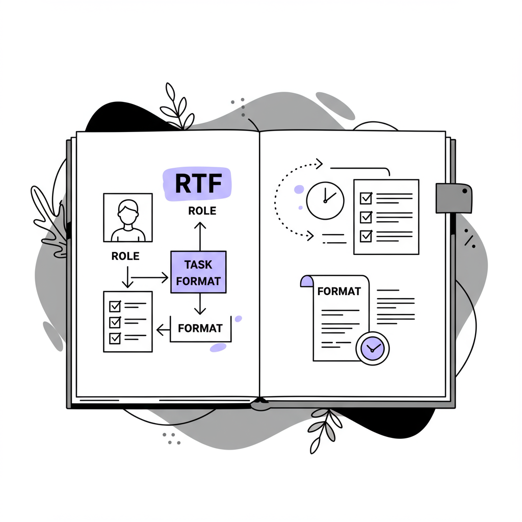 AI Prompts for Entrepreneurs: Reclaim Time with the RTF Method 3 Modern graphic line art: RTF method flowchart for time management with pastel purple accent on task list | Femmeprenista
