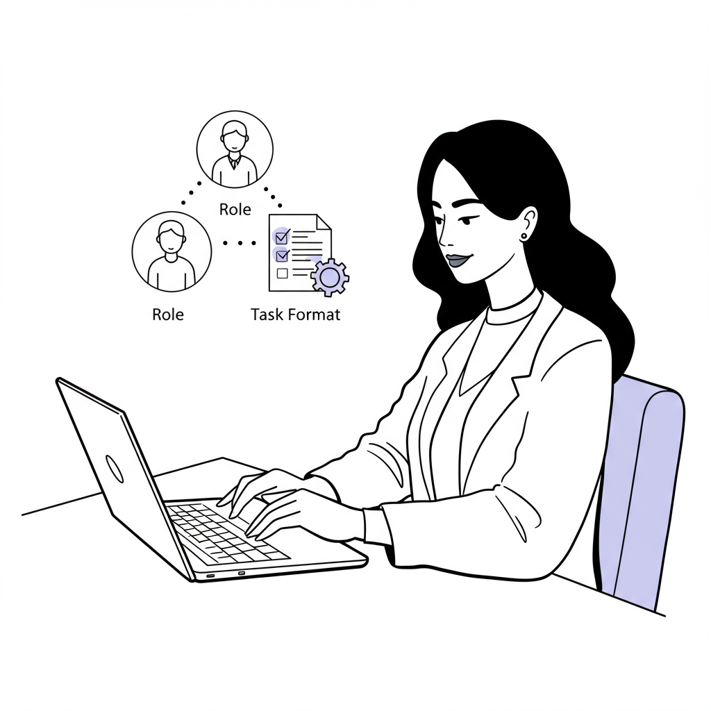 AI Prompts for Entrepreneurs: Reclaim Time with the RTF Method 2 Line art: Mixed ethnicity female entrepreneur uses AI on laptop; pastel purple on RTF 'Task' icon. Reclaimed time | Femmeprenista