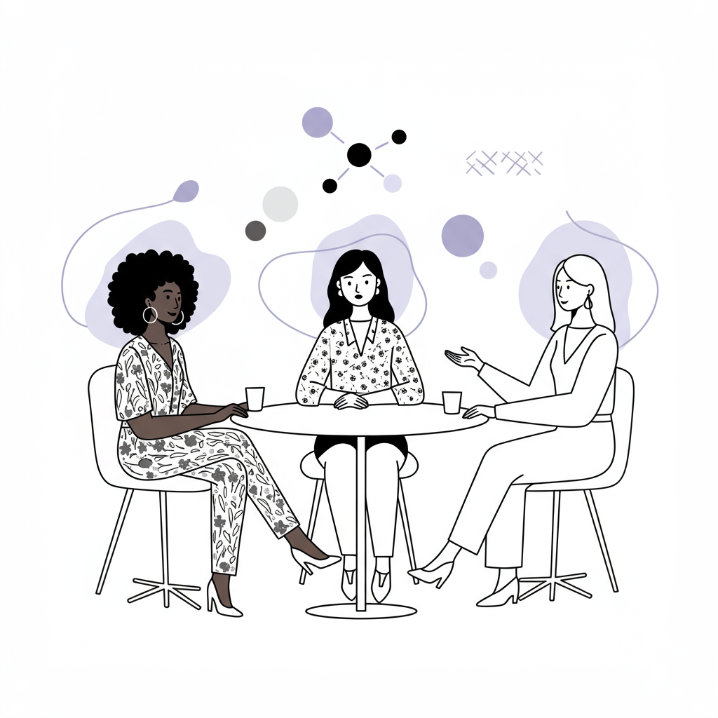 Chic black and white line art of diverse female entrepreneurs collaborating; pastel purple shapes symbolize shared ideas | Femmeprenista