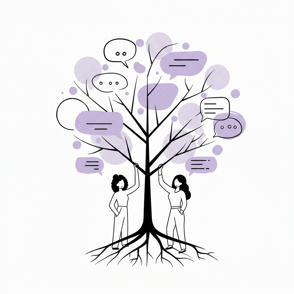 Line art: Stylized tree with interconnected roots formed by diverse women, pastel purple speech bubbles symbolize collaboration | Femmeprenista