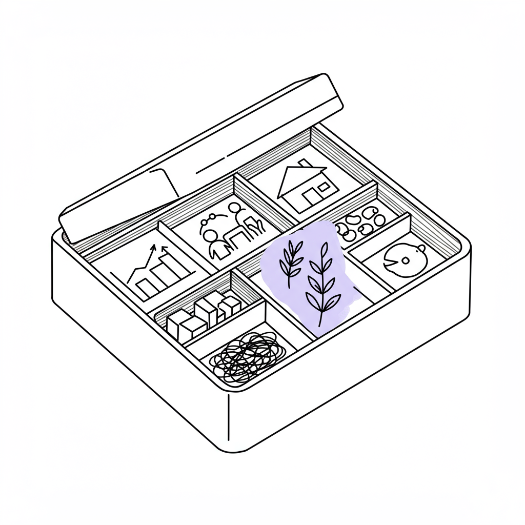 Modern line art: Bento box showing a femmeprenista's life compartments, pastel purple wellbeing icon, reclaiming mental space | Femmeprenista