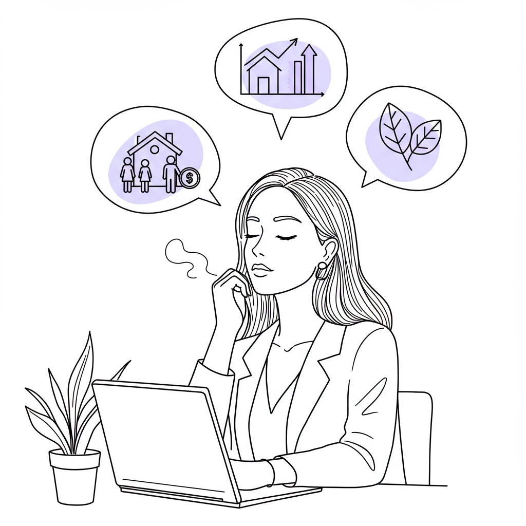 Chic line art: Female entrepreneur reclaiming mental space, family, and wellbeing; pastel purple leaf highlight | Femmeprenista