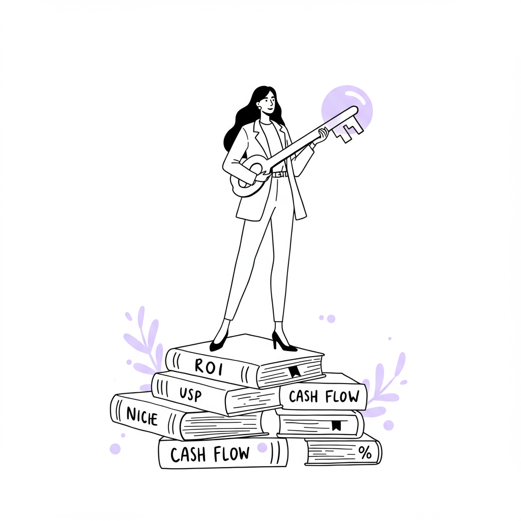 Elegant line art: Confident female entrepreneur stands on business books, holding a pastel purple key | Femmeprenista