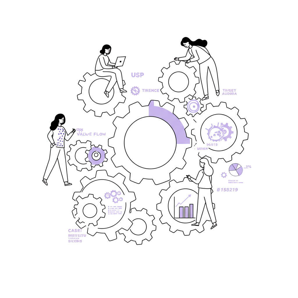 Chic black and white line art: diverse women entrepreneurs collaborate, building a gear network of business terms; pastel purple accent on central gear | Femmeprenista