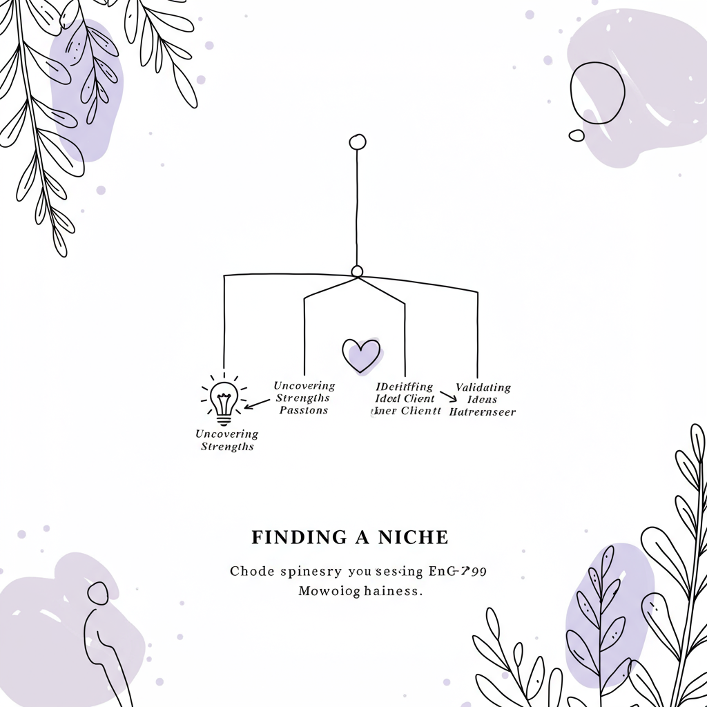 Chic line art mobile symbolizing finding your niche for mum entrepreneurs: strengths, passions (purple heart), ideal client, validation | Femmeprenista