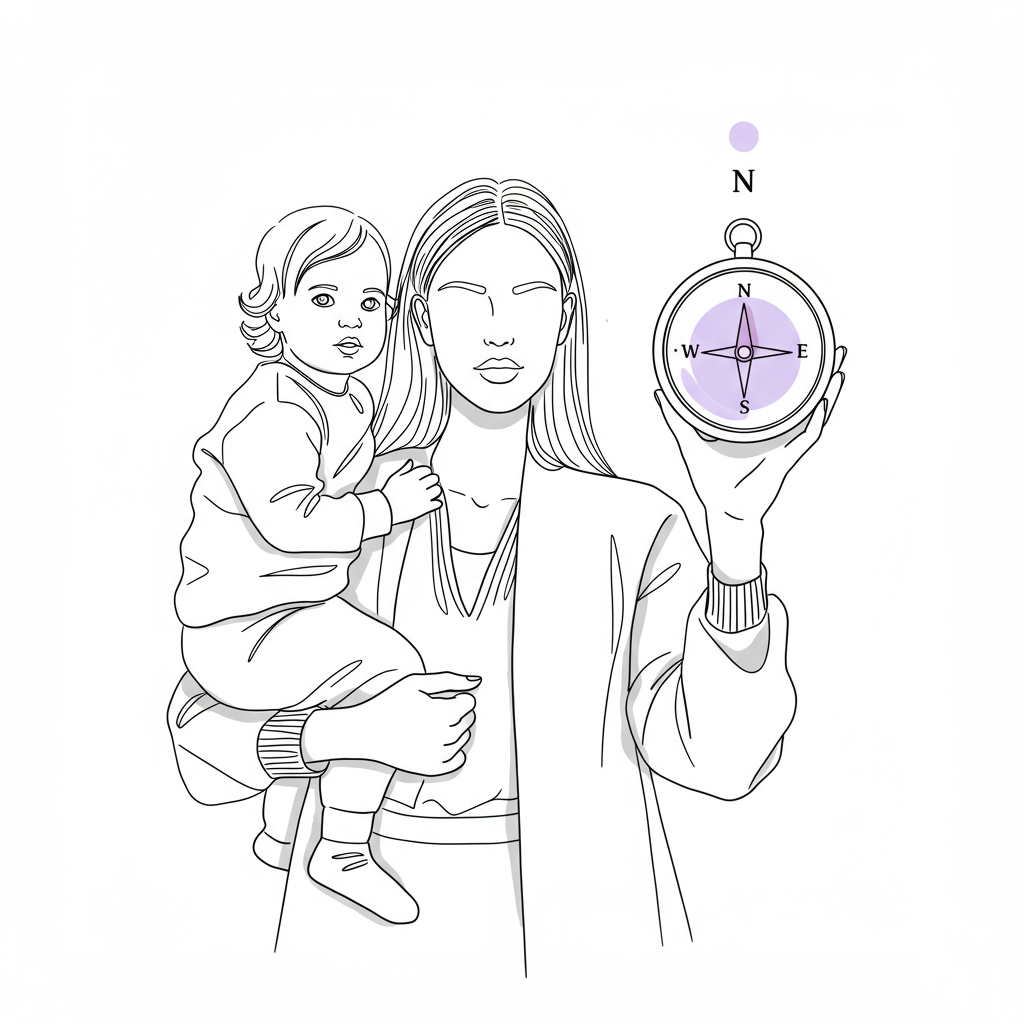 Line art: Mum entrepreneur holding toddler, compass points direction; pastel purple compass detail, symbolizing niche clarity | Femmeprenista