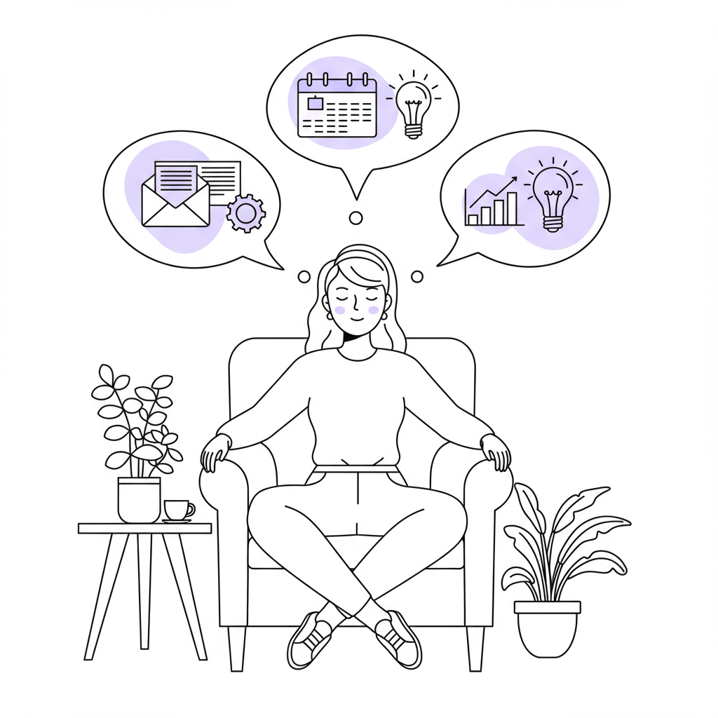 AI for Female Entrepreneurs: Gentle Guide to Get Started 3 Line art: Female entrepreneur meditating, AI automating tasks freeing headspace; pastel purple lightbulb highlights innovation | Femmeprenista