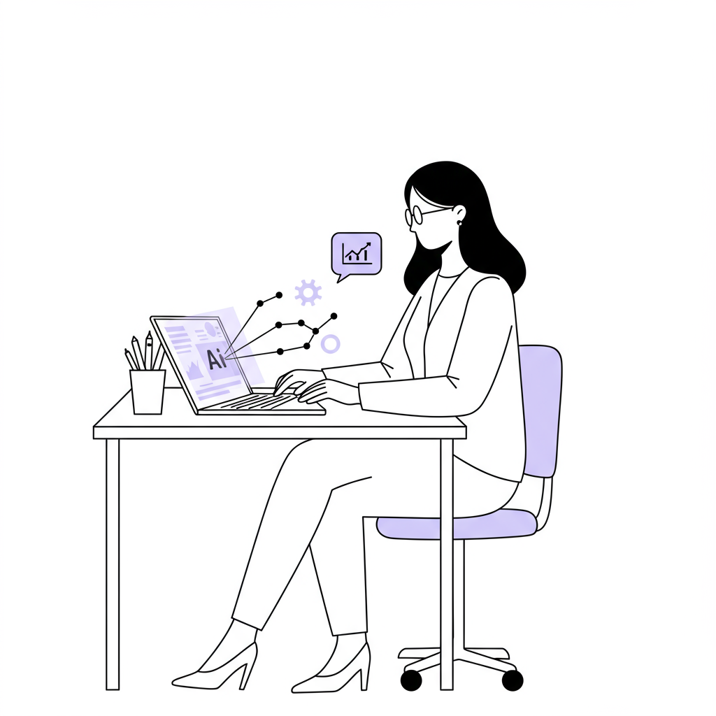 AI for Female Entrepreneurs: Gentle Guide to Get Started 2 Modern line art: female entrepreneur using AI on her laptop, pastel purple glow. Chic, minimalist style | Femmeprenista