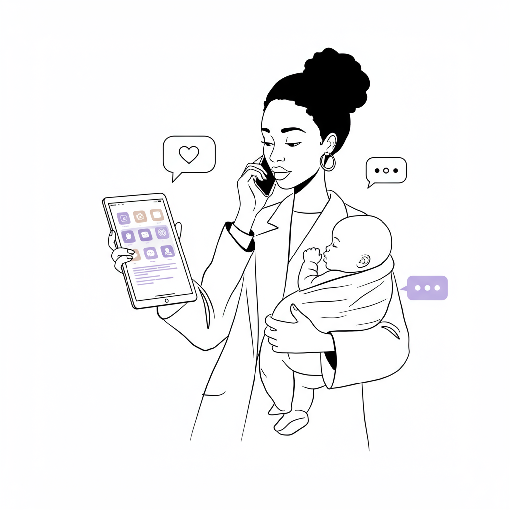 Tech Stack for Coaches Mums: Essential Tools That Won't Break the Bank 2 Elegant line art: Black female entrepreneur multitasking with baby and tablet; pastel purple accent on tablet frame | Femmeprenista