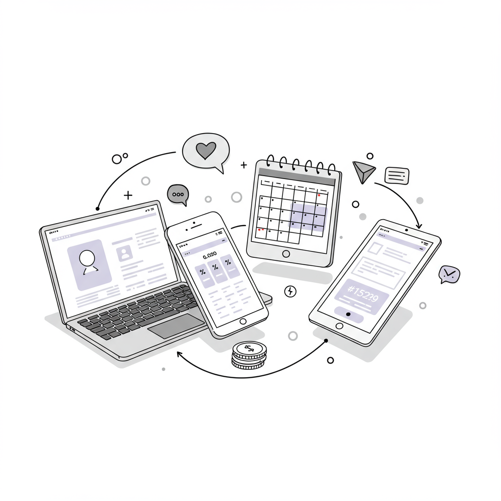 Tech Stack for Coaches Mums: Essential Tools That Won't Break the Bank 3 Chic line art of interconnected tech tools – laptop, phone calendar (pastel purple accent), tablet – for streamlined efficiency | Femmeprenista