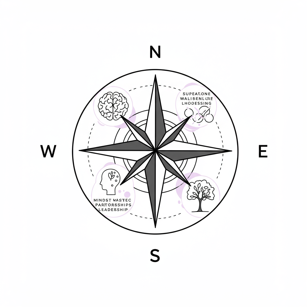 Seven Figure Female Leadership: Scale Your Vision & Impact 3 Chic line art: Compass rose symbolizing seven figure female leadership pillars, pastel purple center, minimalist style | Femmeprenista