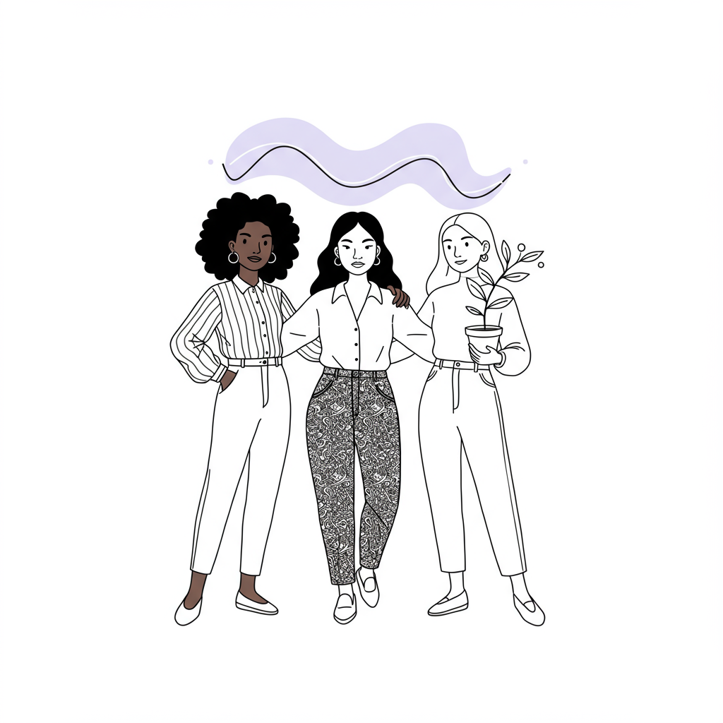 Seven Figure Female Leadership: Scale Your Vision & Impact 2 Modern line art: diverse female entrepreneurs connected by pastel purple vision, symbolizing seven figure female leadership | Femmeprenista