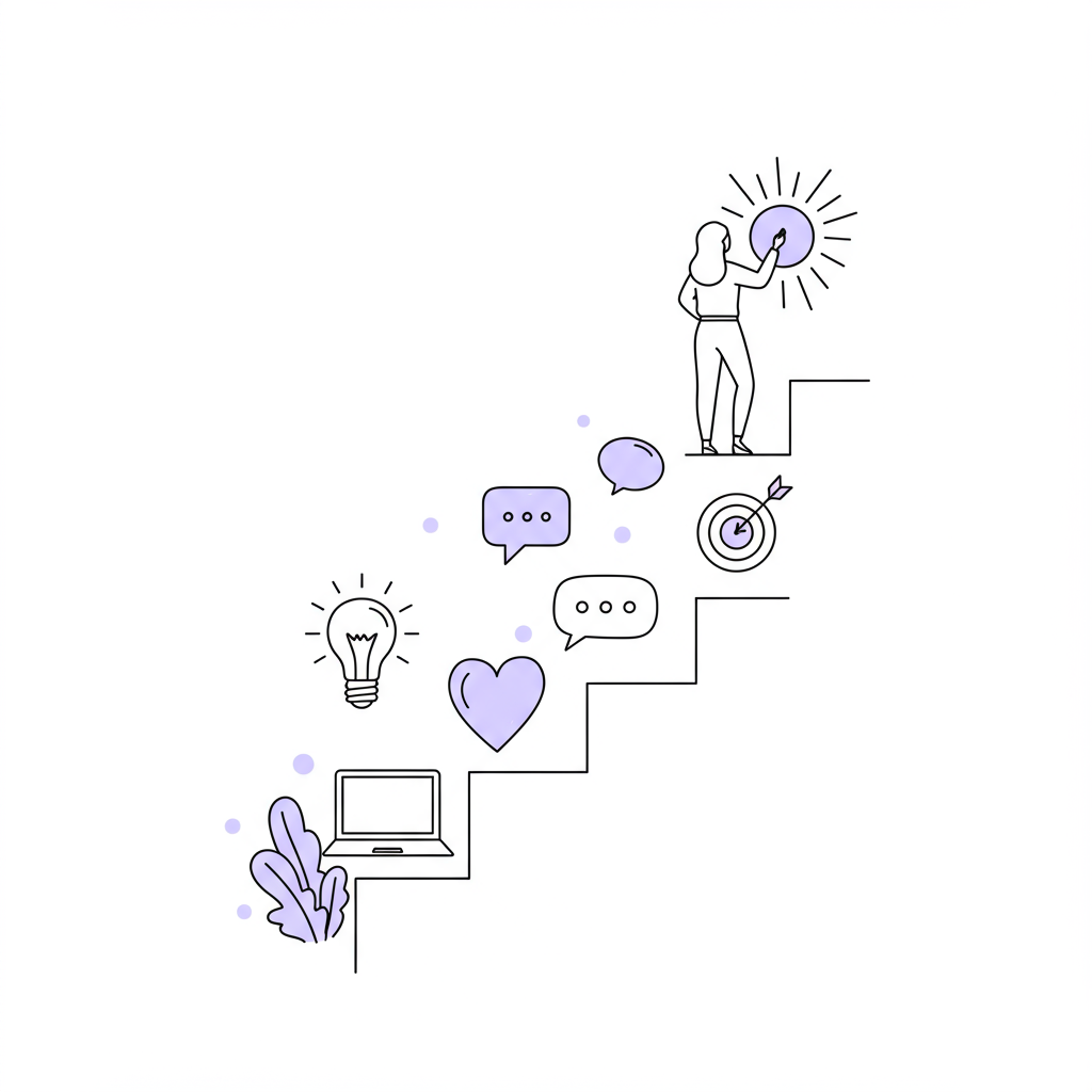 Line art: Upward staircase with blogging benefits, leading to a confident woman and sun-like success; purple light accent | Femmeprenista