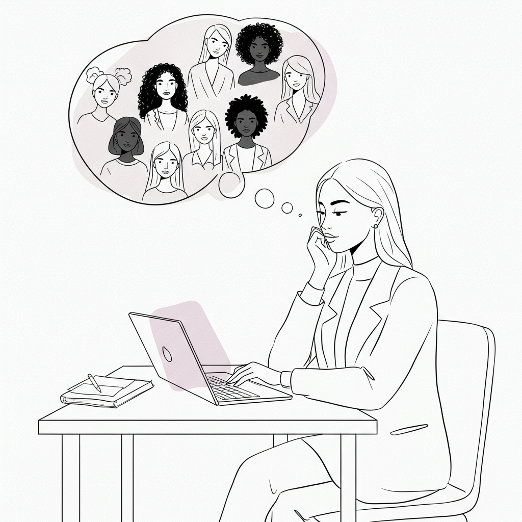Chic line art: Female entrepreneur envisions diverse clients, laptop screen has pastel purple highlight. Focus on attracting dream clients | Femmeprenista
