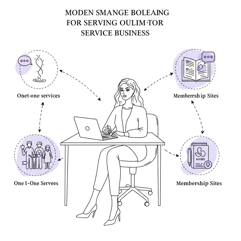Line art: Stylish mum at desk, scaling service business shown via icons; pastel purple book accent | Femmeprenista