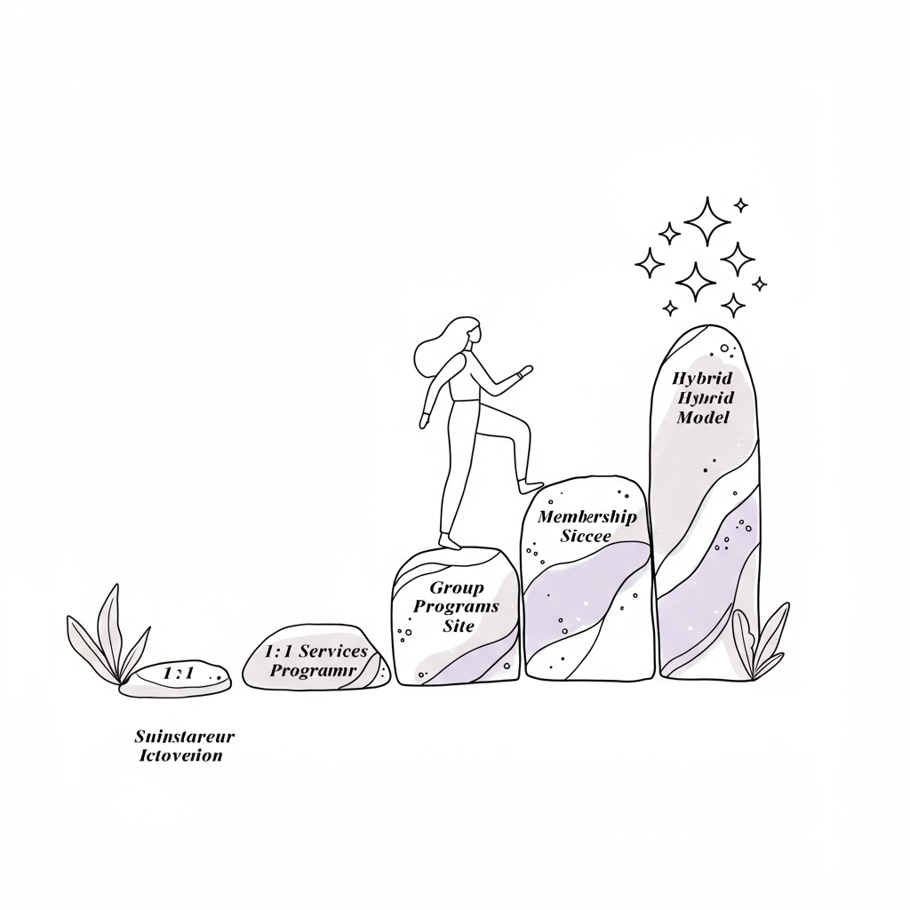 Modern line art: Mother entrepreneur scaling service business via stepping stones, purple stars at "Hybrid Model" peak | Femmeprenista