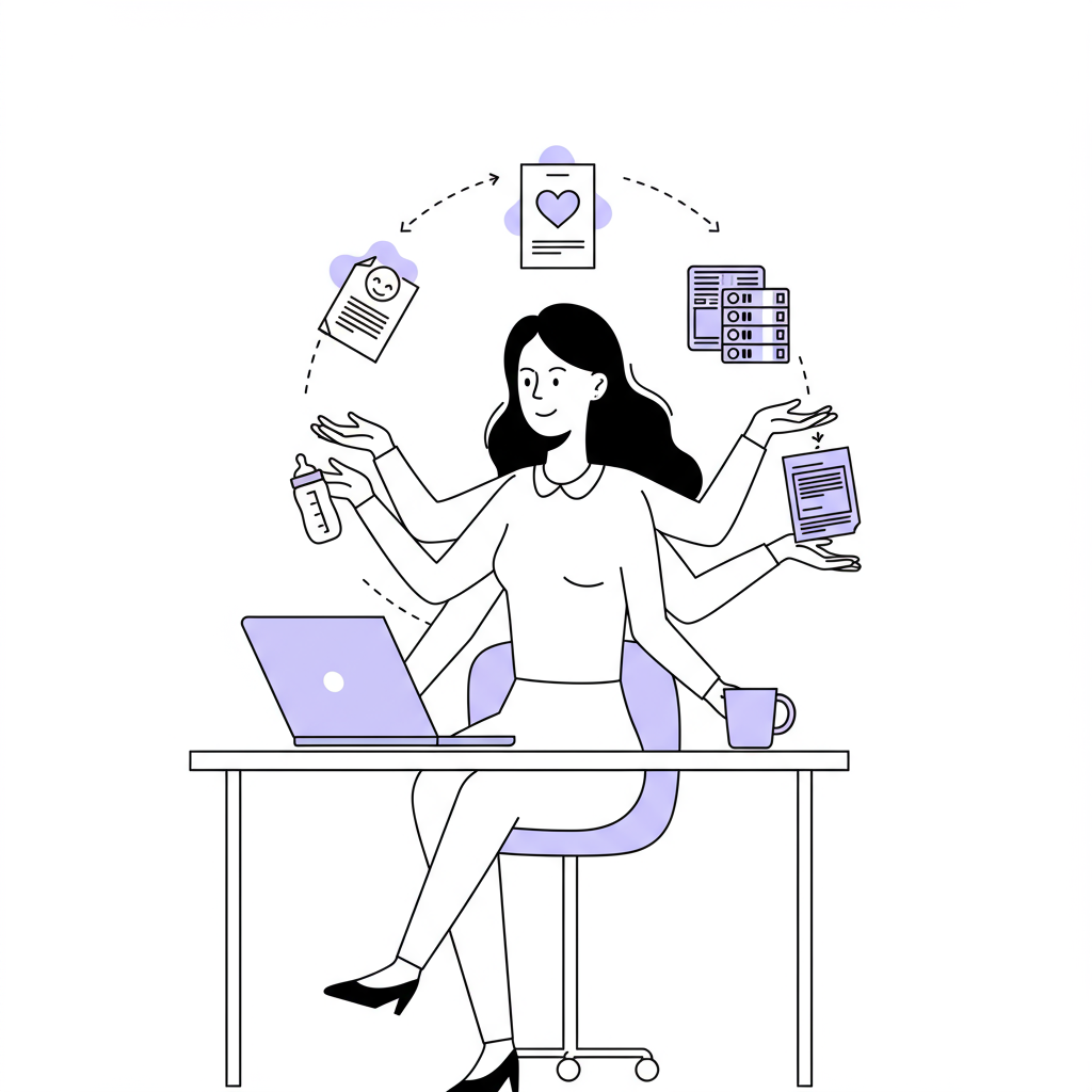 Modern black and white line art: female entrepreneur juggling motherhood, values, and systems with grace; pastel purple heart accent | Femmeprenista