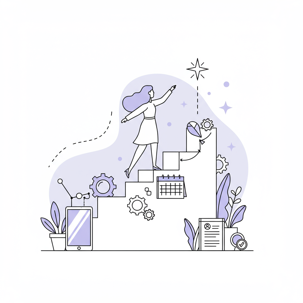 Elegant line art: Female entrepreneur ascends staircase to legacy, accented by a pastel purple star | Femmeprenista