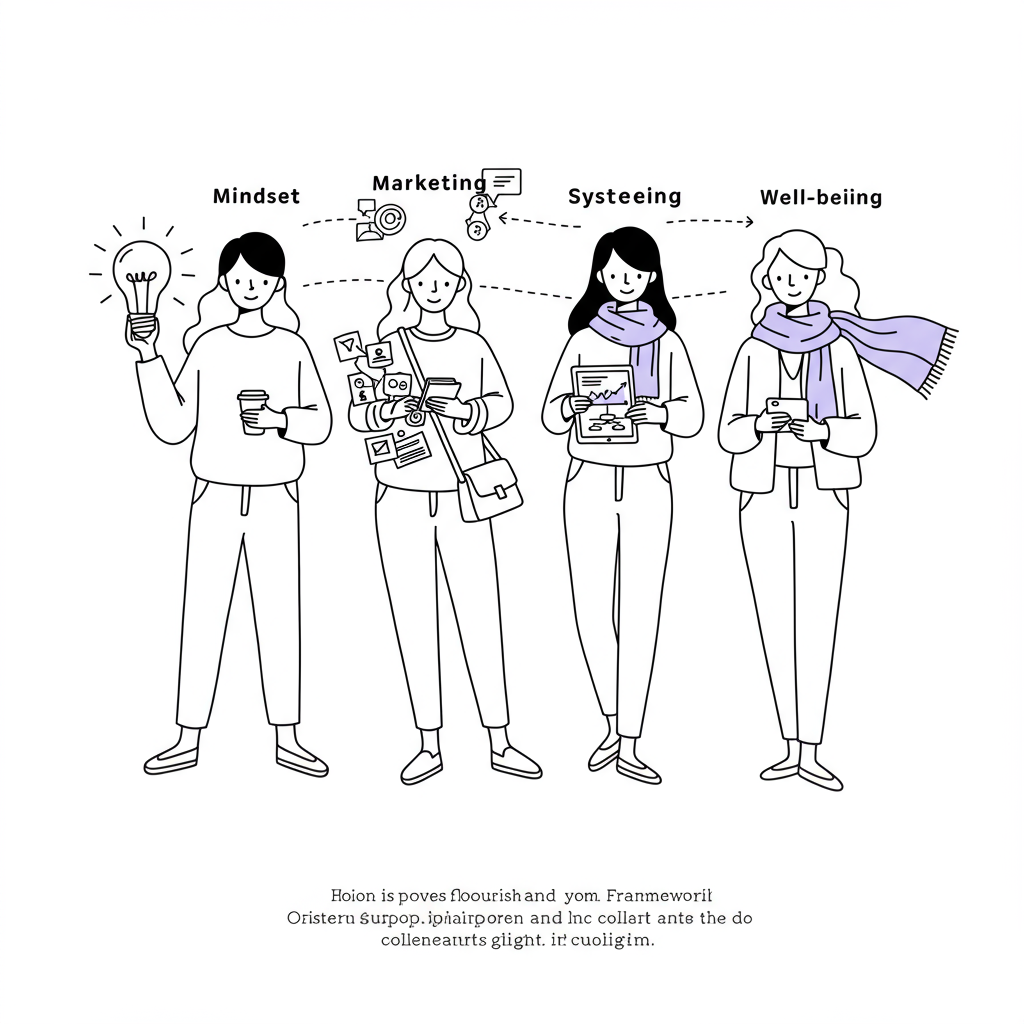 Line art of diverse female entrepreneurs connected in business flourish framework; Wellbeing pillar highlighted in pastel purple | Femmeprenista