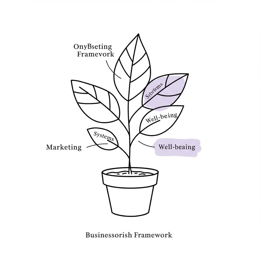 Chic line art: Thriving plant symbolizing the Business Flourish Framework; 'Well-being' leaf highlighted in pastel purple | Femmeprenista