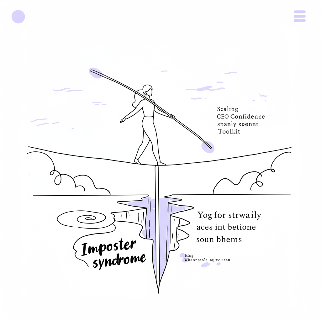 Black and white line art: Female entrepreneur balances "Scaling Business" tightrope over "Imposter Syndrome," CEO confidence toolkit in pastel purple | Femmeprenista