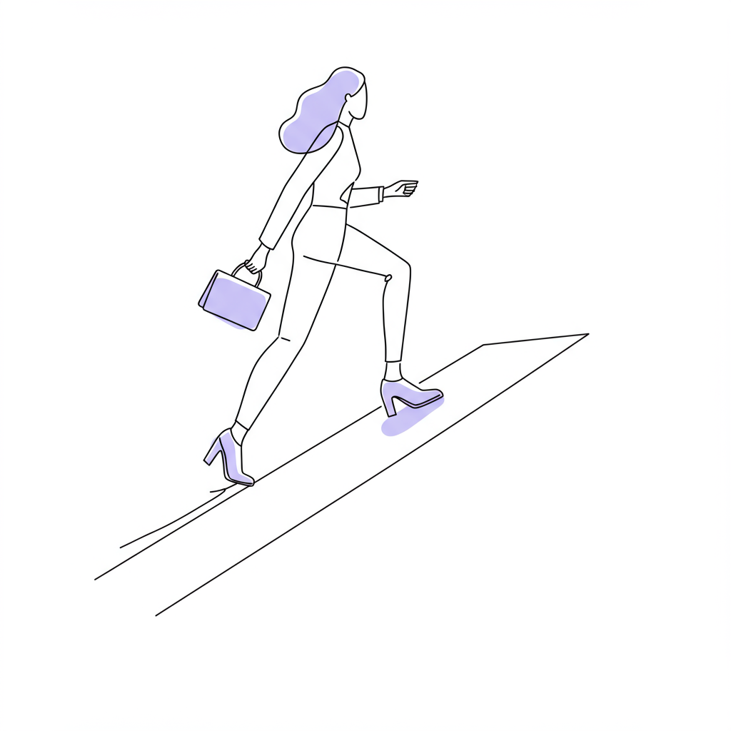 Chic line art: Female entrepreneur confidently scaling path, pastel purple shoes symbolizing empowerment; black and white modern illustration | Femmeprenista