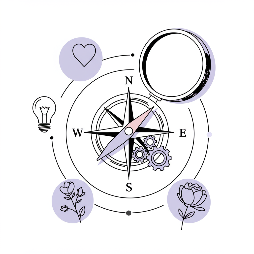 Chic line art: Compass rose guiding towards innovation, passion, strategic implementation, and growth; purple heart highlights passion | Femmeprenista