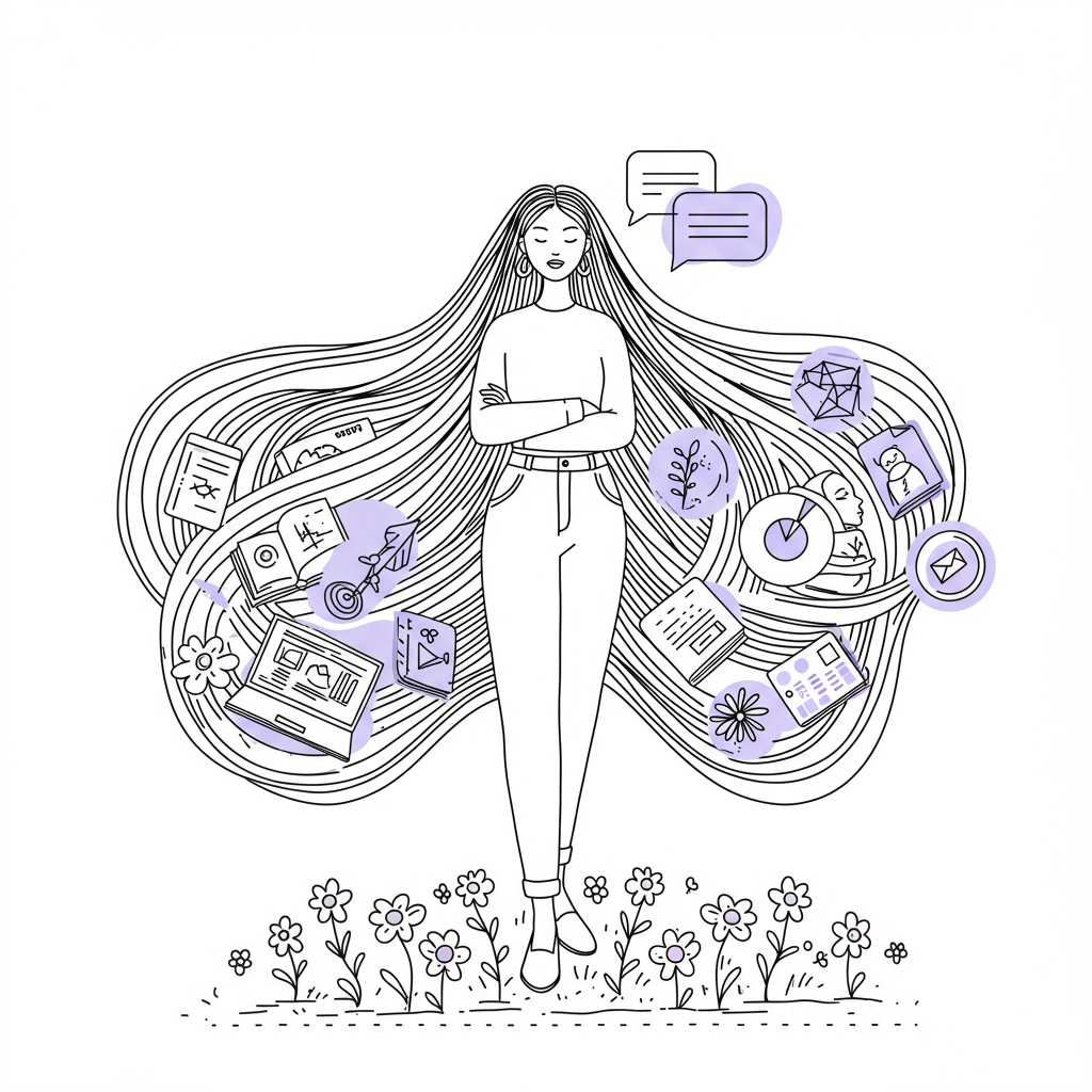 Chic line art: Female entrepreneur standing confidently amidst entrepreneurial icons symbolizing growth and connection; pastel purple accents | Femmeprenista