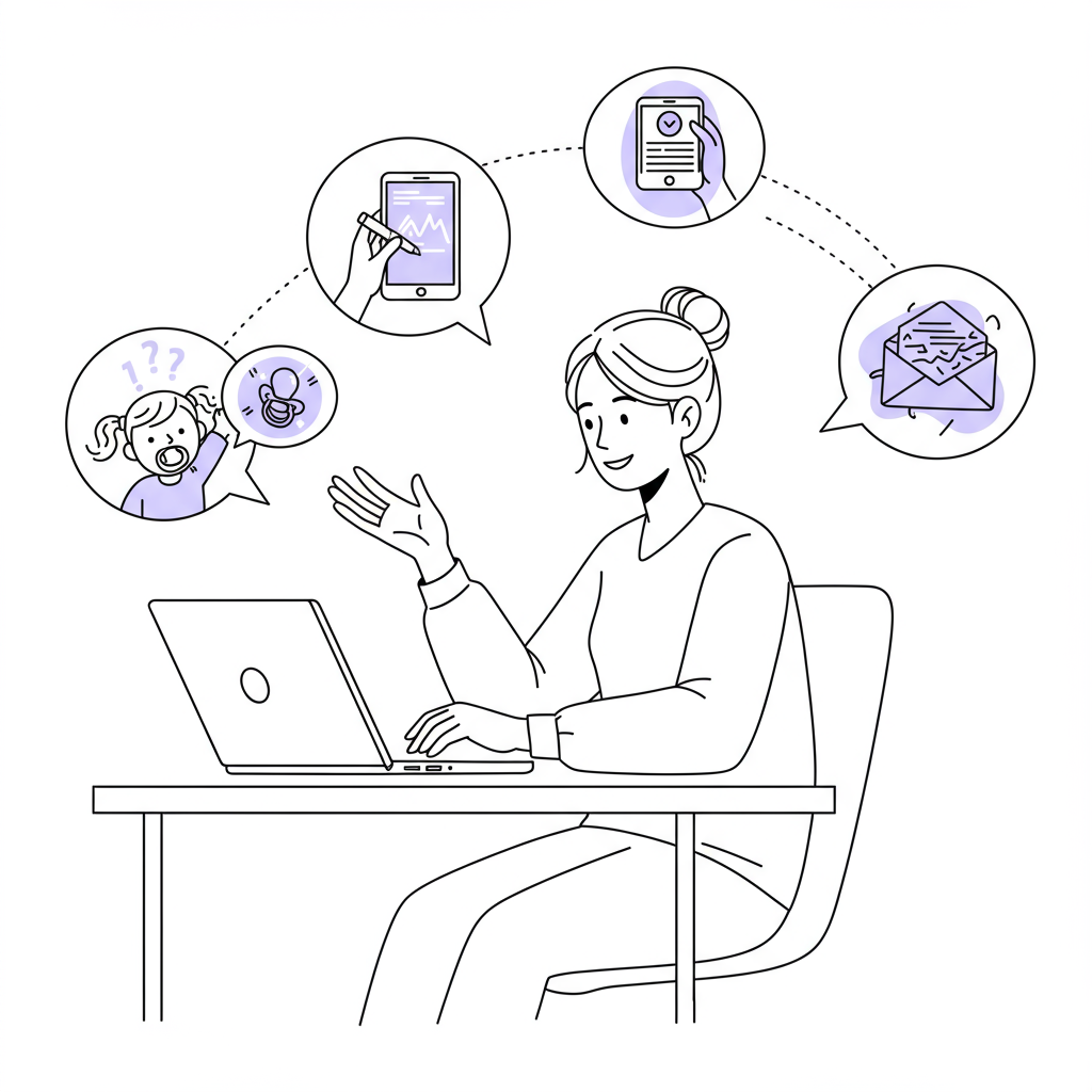 Line art of a calm entrepreneur mum at desk, acknowledging transparent 'interruption bubbles;' pacifier highlighted in pastel purple | Femmeprenista
