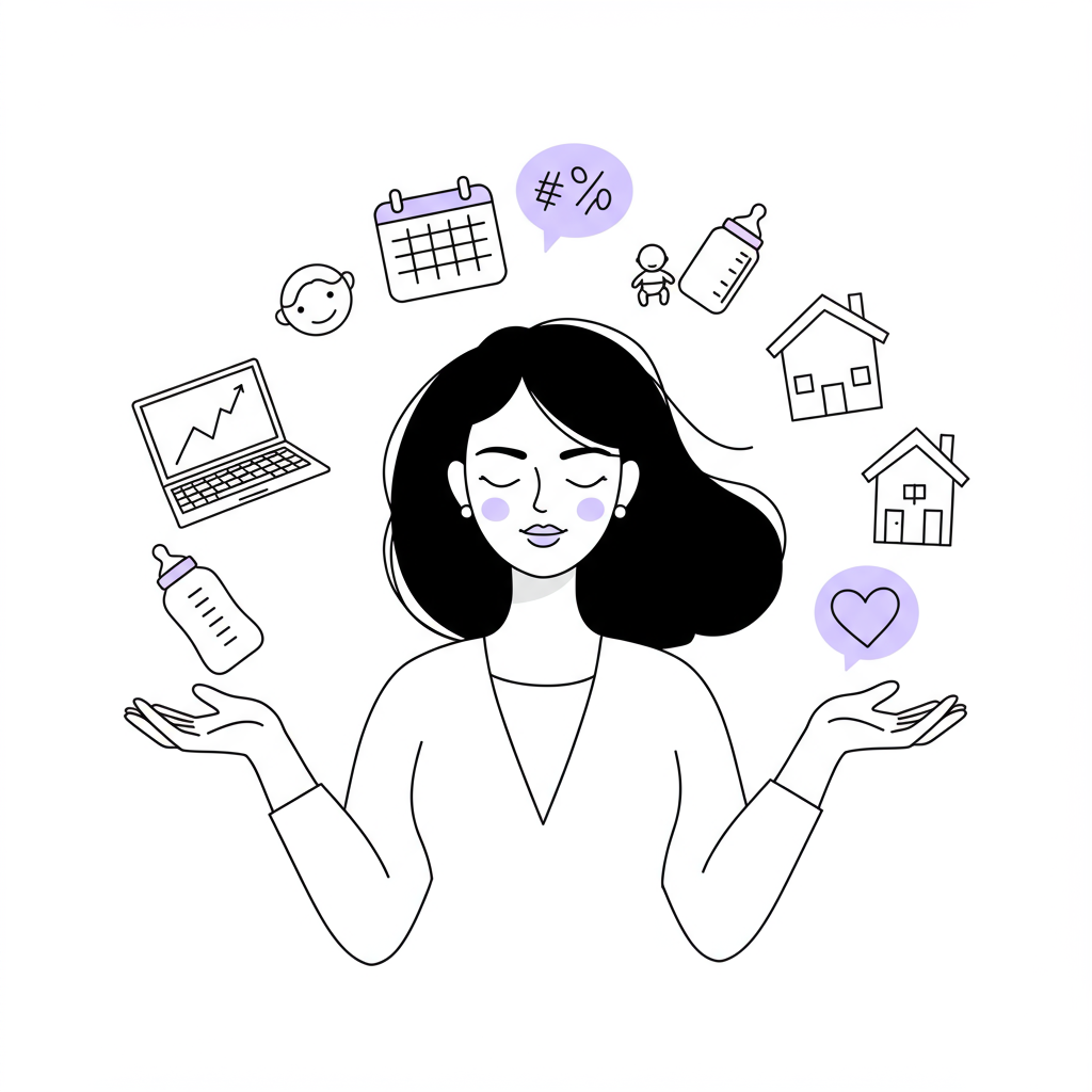 Line art: Entrepreneur mum elegantly juggling business & family icons; pastel purple heart highlights connection | Femmeprenista
