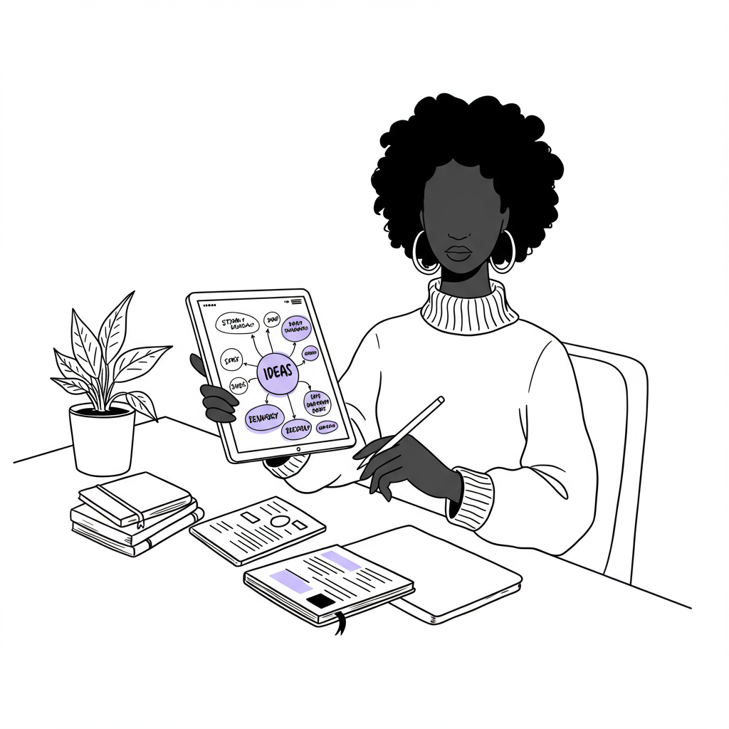 Elegant line art: Black mother entrepreneur at desk with "Ideas" mind map highlighted in pastel purple on tablet | Femmeprenista