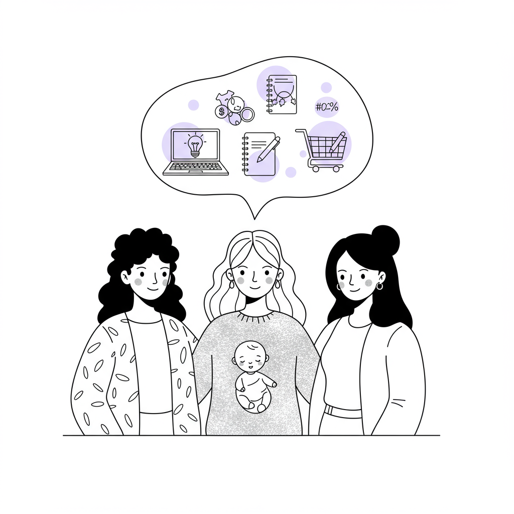 Modern line art: diverse mums collaborating, business ideas icons highlighted in pastel purple | Femmeprenista