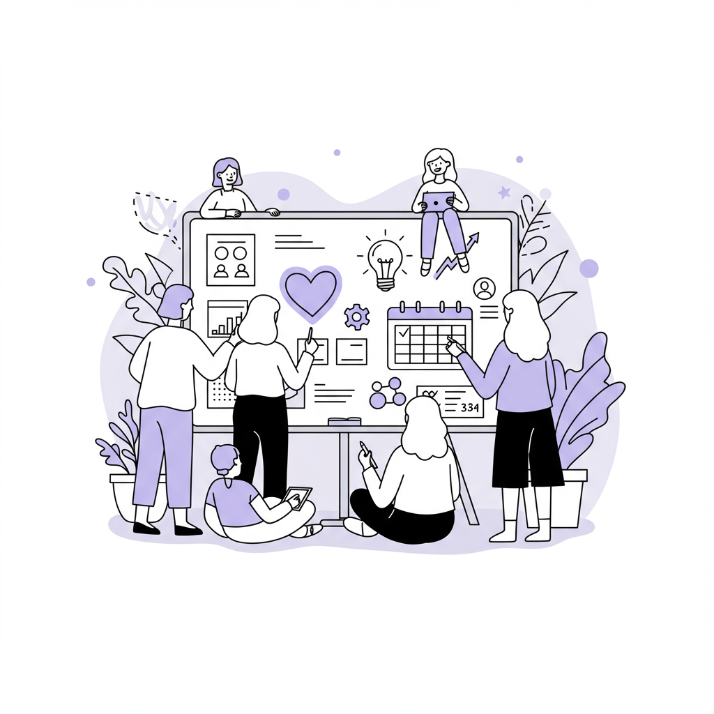 Launch Coaching Business for Mums: Heart-Led Guide 2025 3 Chic line art: Mums collaborating around a digital whiteboard with heart icon highlighted in pastel purple | Femmeprenista