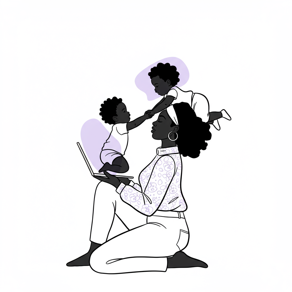 Launch Coaching Business for Mums: Heart-Led Guide 2025 2 Chic line art: Black woman entrepreneur/mum balancing laptop and toddler; pastel purple laptop accent shows focus on coaching business | Femmeprenista