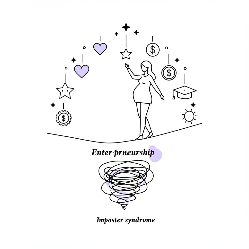 Black and white line art: Pregnant entrepreneur balancing above "imposter syndrome," pastel purple heart icon symbolizes support | Femmeprenista