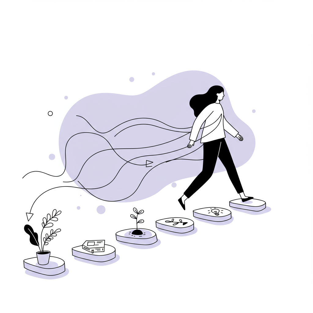 Line art illustration: Female founder strides confidently past imposter syndrome, stepping stones highlighted in pastel purple | Femmeprenista