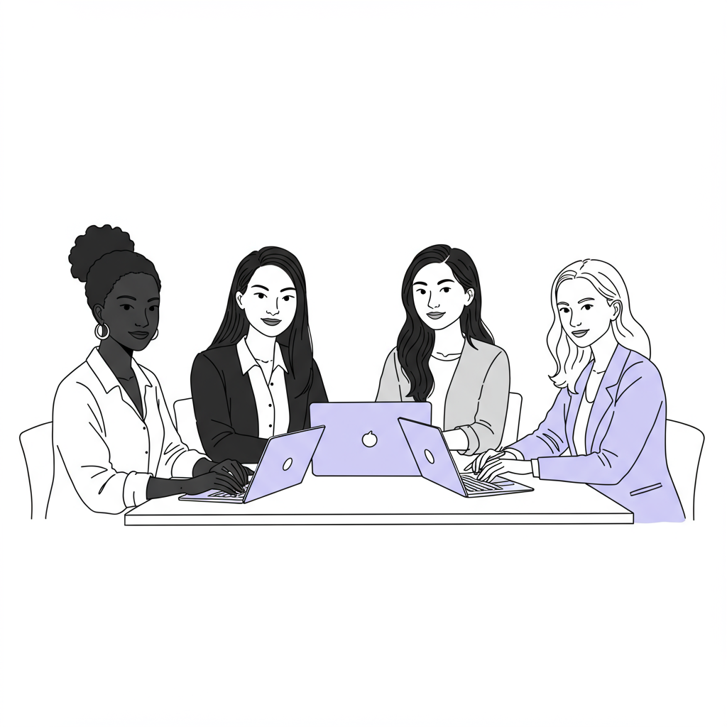 Unlock Your Success: Female Entrepreneur Peer Support Network 2 Chic line art of diverse female entrepreneurs collaborating, pastel purple laptop detail, empowering feel | Femmeprenista