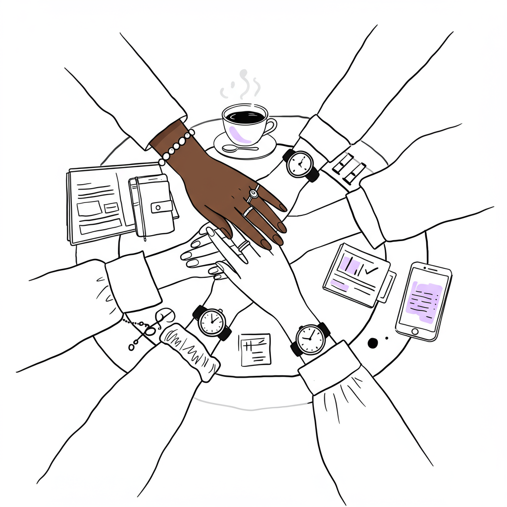 Unlock Your Success: Female Entrepreneur Peer Support Network 3 Line art: Four diverse female entrepreneurs' hands connecting in support; black, white, pastel purple watch detail | Femmeprenista