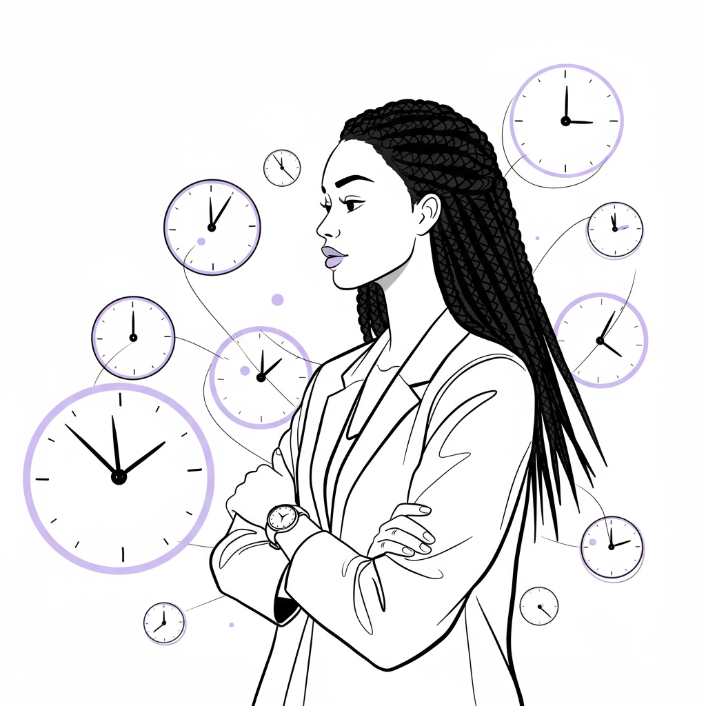 Line art: Black female entrepreneur with clocks symbolizing time reclaimed, pastel purple accent on watch | Femmeprenista