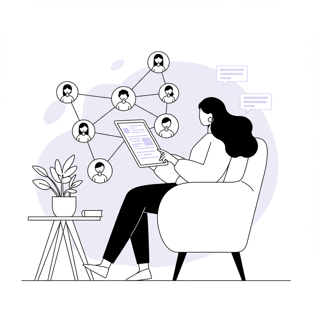 Chic line art: Latina entrepreneur delegates tasks with calm focus via tablet; pastel purple screen accent | Femmeprenista