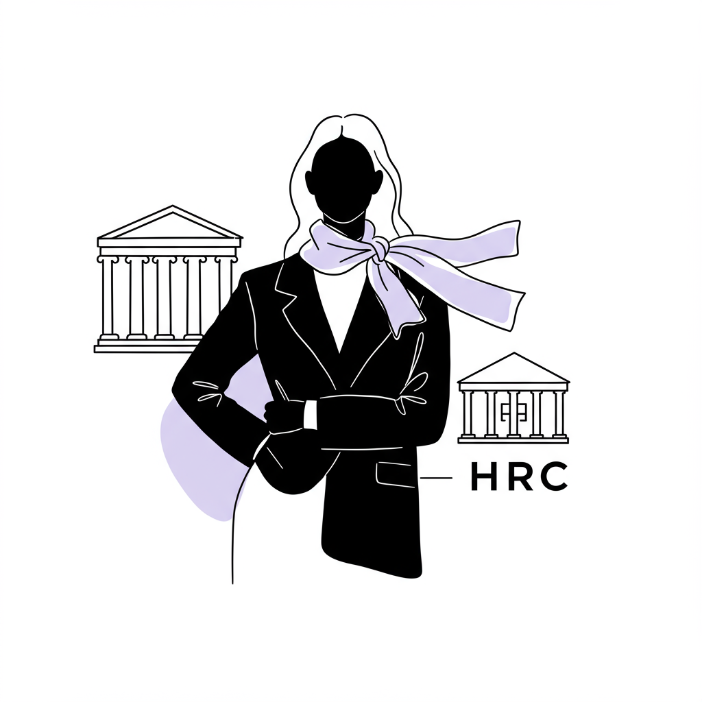 Elegant black and white line art: A female entrepreneur stands confidently before stylized UK business identifiers, with pastel purple scarf accent | Femmeprenista
