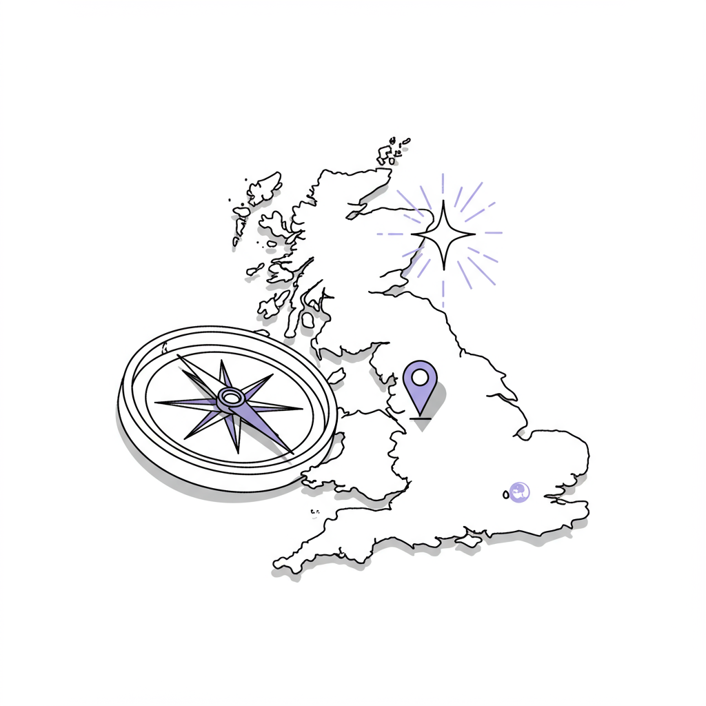 Elegant black and white line art: A compass guides toward a radiant star on a UK map, pastel purple highlight, symbolizing business direction | Femmeprenista