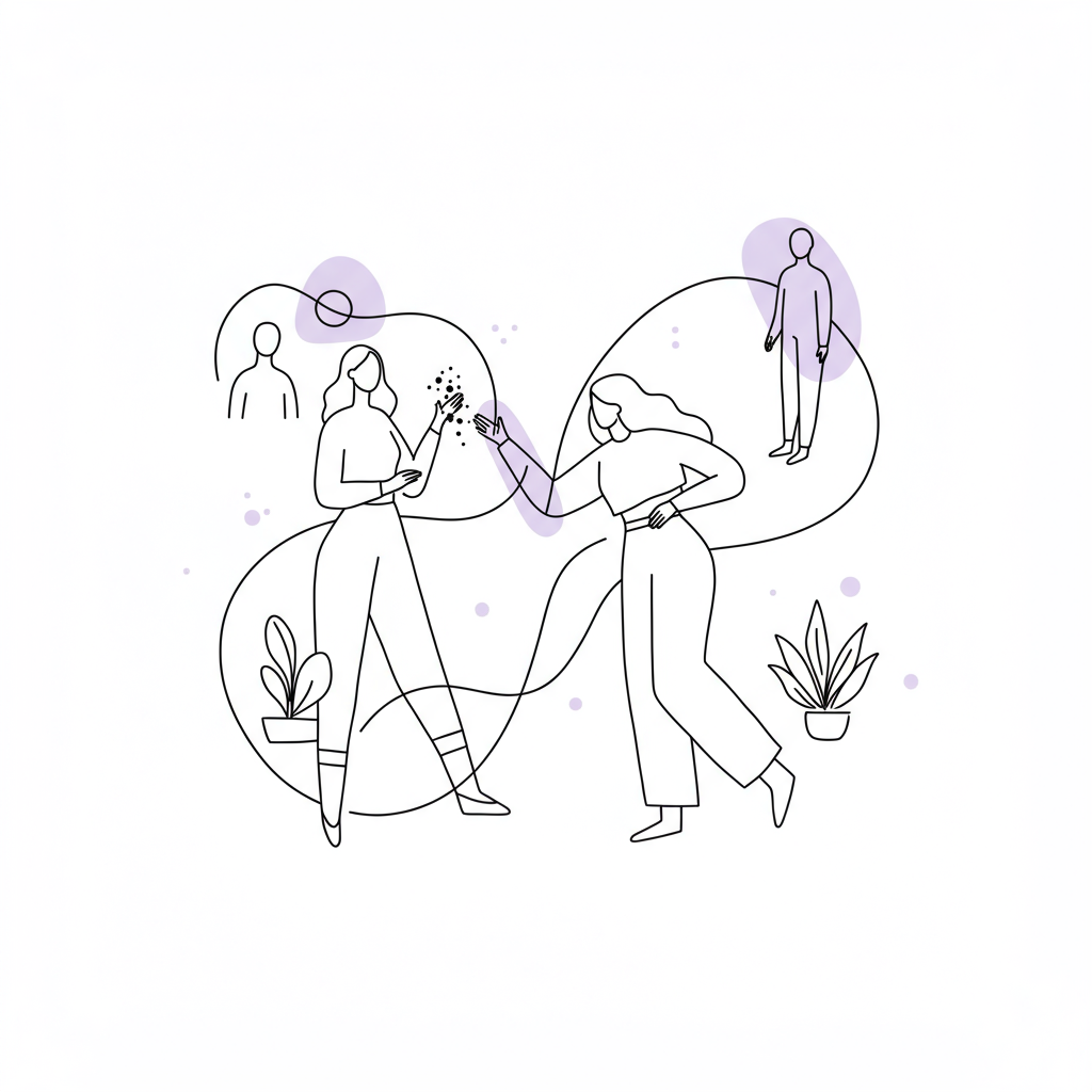 Modern line art: Entrepreneur joyfully connecting with clients through a soulful selling process, pastel purple accent on connecting line | Femmeprenista
