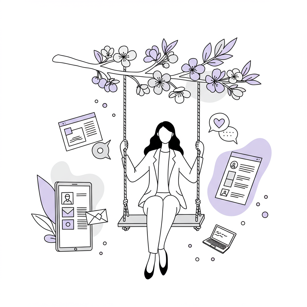 Line art of a businesswoman on a swing surrounded by work icons; blossoms above with pastel purple highlights | Femmeprenista